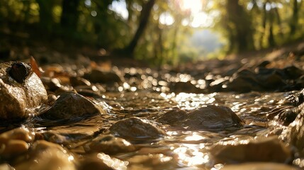 Fototapeta premium Sunlight glints on shallow stream flowing over rocky forest floor