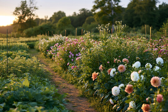 Refined botanical garden with flowering rows at varied bloom stages showcasing plant phenology and seasonal timing research
