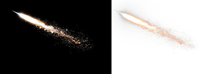 Bright light streak with glowing sparks and fire particles isolated on black and white backgrounds © top design