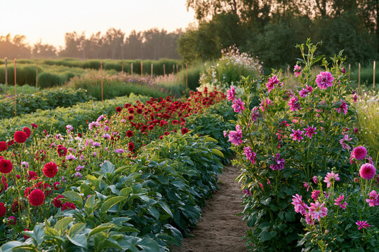Refined botanical garden with flowering rows at varied bloom stages showcasing plant phenology and seasonal timing research