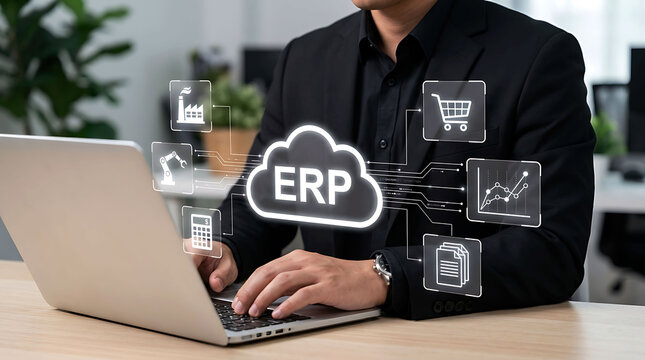 Businessman working on laptop with enterprise resource planning erp system screen