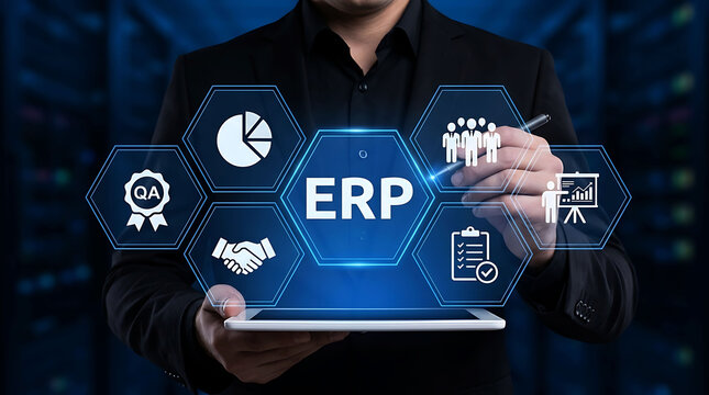 Businessman working on laptop with enterprise resource planning erp system screen