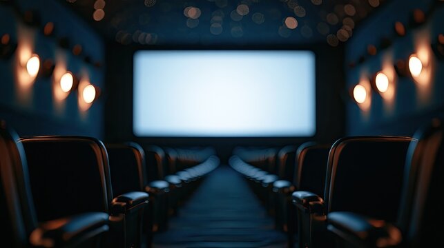 Empty cinema hall with rows of seats and illuminated screen