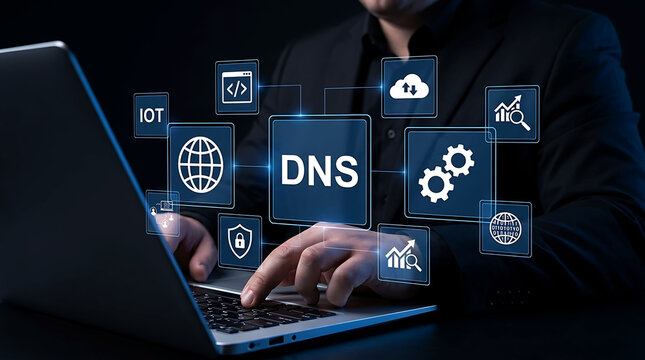 DNS domain name system server network technology web security concept on laptop