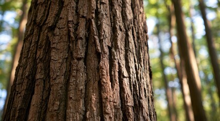 Fototapeta premium Close-up view of rough, textured tree bark with a blurred forest background