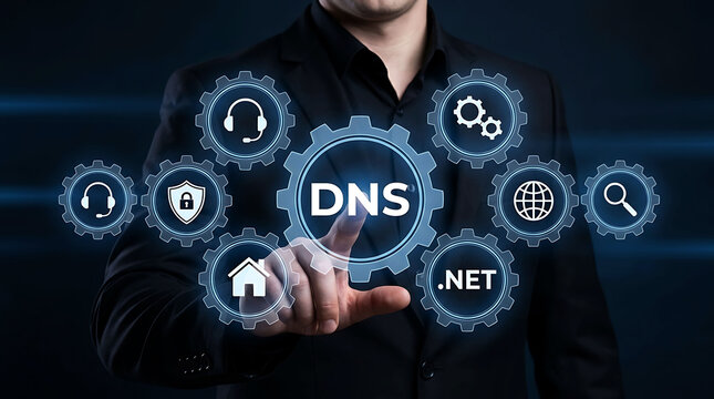 Businessman touching DNS domain name system interface on digital screen