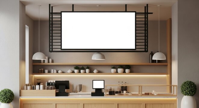 Modern minimalist cafe interior with blank digital display.