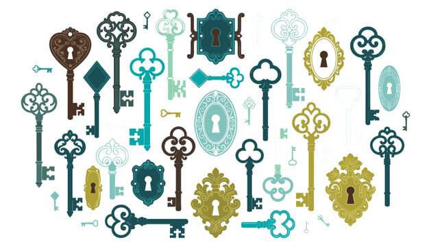 Vintage antique keys and keyholes vector set featuring decorative retro skeleton keys lock designs and filigree frames collection