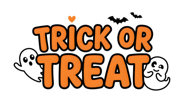 Cute halloween trick or treat typography design with playful ghosts and flying bats on a white background