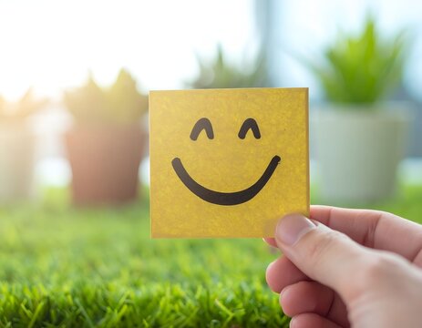 Hand holding yellow smiley face note over green grass.