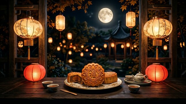 Traditional mooncakes and tea set under the full moon with lanterns