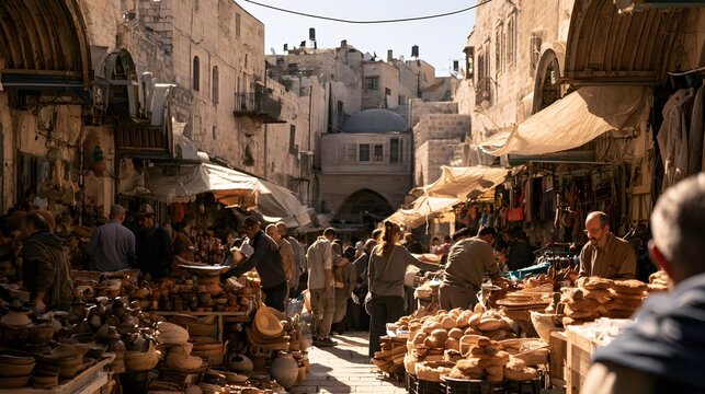 Narrow alleyway in jerusalem old city market with bustling crowds, ancient stone architecture and traditional shop stalls