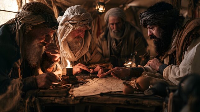 Middle eastern biblical wise men or magi examining a map by candlelight inside a nomadic tent at night