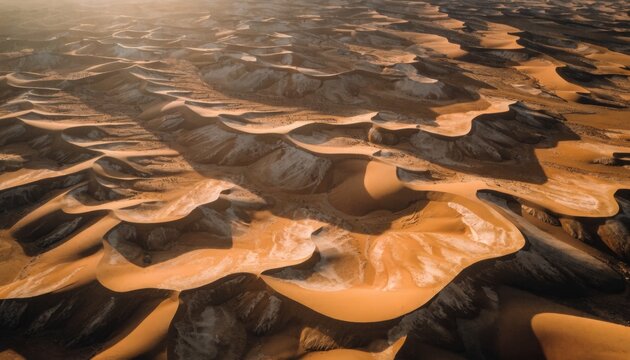 Aerial view of undulating desert sand dunes under warm sunlight