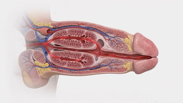 Detailed 3D medical illustration of human muscle anatomy in side view with tendons and ligaments