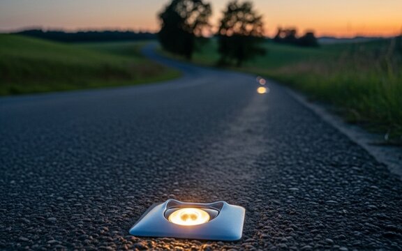 Road Marker Glows Guiding a Winding Asphalt Path Through Fields at Dusk