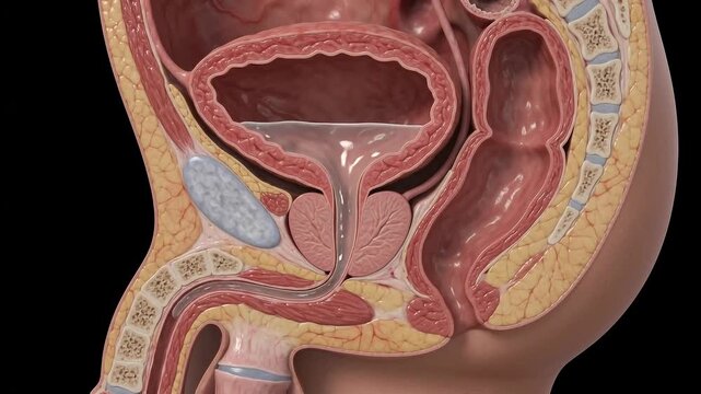 Detailed anatomical illustration of female reproductive system cross-section with labeled organs