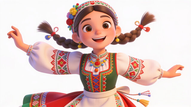 Happy cartoon girl wearing traditional slavic folk clothing and a floral wreath dancing joyfully with braided hair against a plain white background in bright light