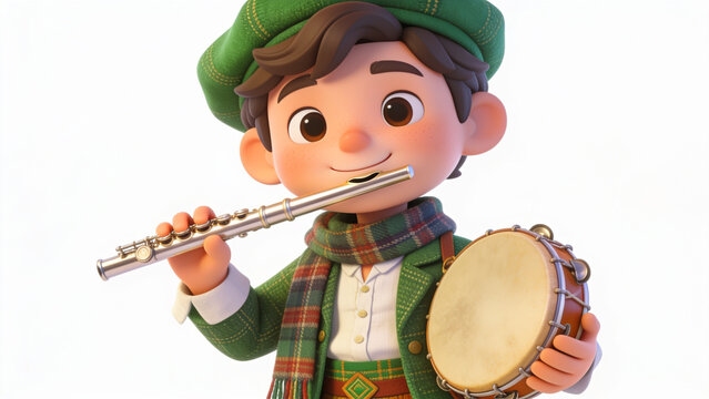 Charming 3d character boy wearing green traditional Irish clothing playing a silver metal flute while holding a wooden hand drum in a cheerful festive studio setting
