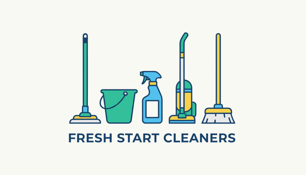 Cleaning service logo design with mop bucket spray bottle vacuum cleaner and broom for fresh start cleaners.
