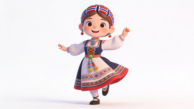 Cheerful young girl wearing a traditional colorful Norwegian folk costume performs a happy dance while smiling brightly against a simple and clean bright white studio background