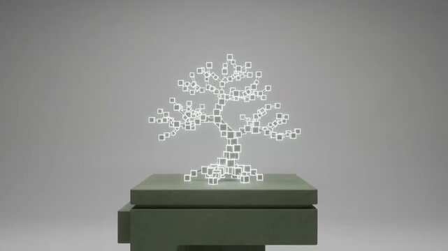 Minimalist 3d abstract blockchain bonsai tree on green podium
