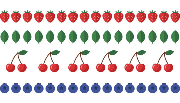 Seamless fruit pattern borders featuring rows of red strawberries, green leaves, sweet cherries, and blueberries.