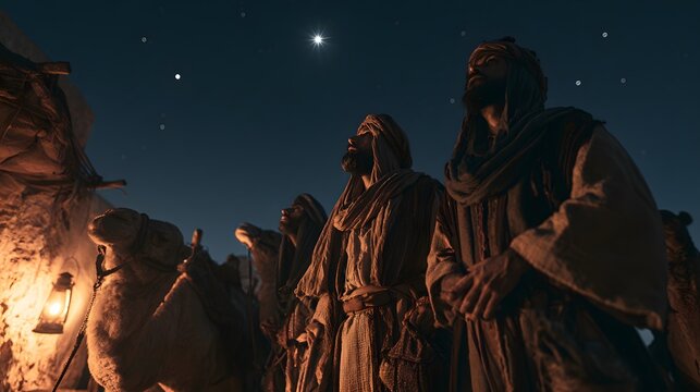 Closeup of three wise men looking up at a shining star in the night sky near a camel