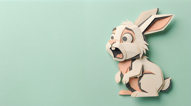 A cute paper craft rabbit with a shocked and surprised expression on a soft light green background