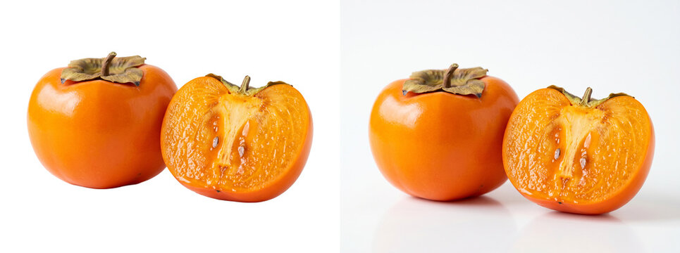 Fresh orange persimmon fruit, whole and halved ripe kaki on white background, organic autumn harvest for healthy food concepts