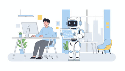 Fototapeta premium Man working at his office desk on a computer while a smart white robot assistant helps with blueprints and plans.