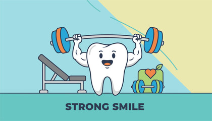 Naklejka premium Strong smile dental care banner design featuring a funny cartoon tooth character lifting a heavy barbell at the gym.
