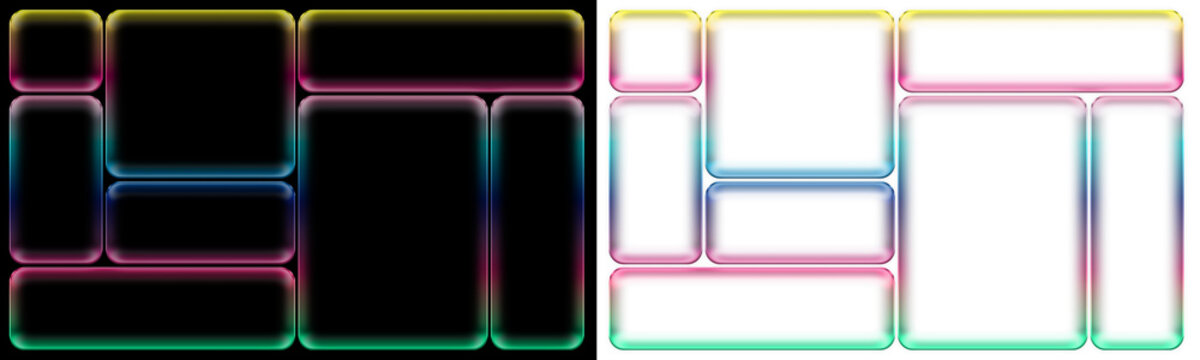 Abstract geometric grid of glowing colorful rounded rectangles on black and transparent backgrounds