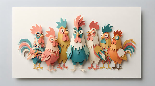 Group of colorful cute cartoon roosters standing together in a funny artistic style illustration