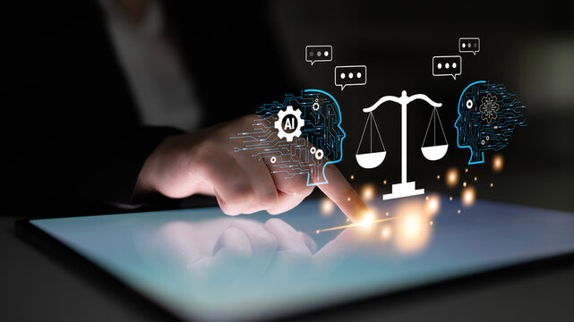 AI in law and the future of the legal justice system. A concept of AI assisting in legal debate, analysis, and decision making. Motif