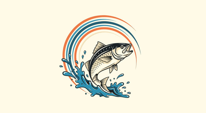 A stylized illustration of a fish jumping out of water
