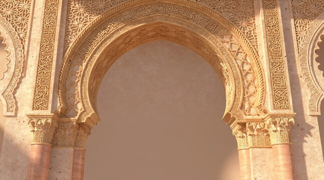 Detailed Ancient Islamic Archway with Intricate Moorish Stucco Carvings and Arabic Calligraphy Art