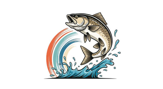 A stylized illustration of a fish jumping out of water
