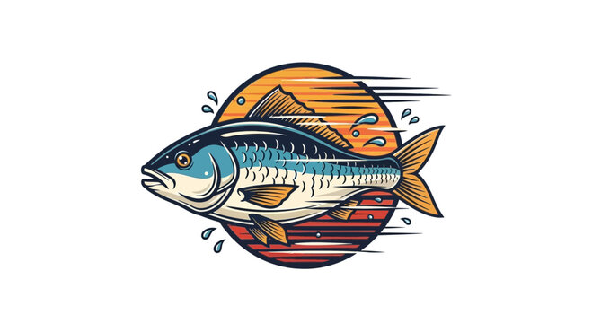 A stylized illustration of a fish swimming against a sunset background