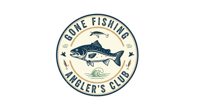 A vintage style circular emblem featuring a fish and fishing gear