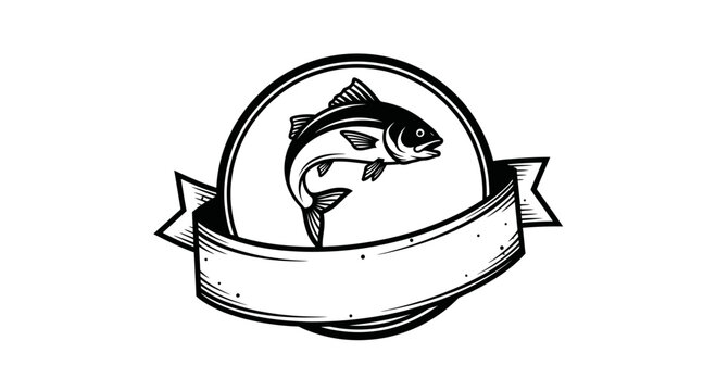 A vintage style emblem featuring a jumping fish and banner