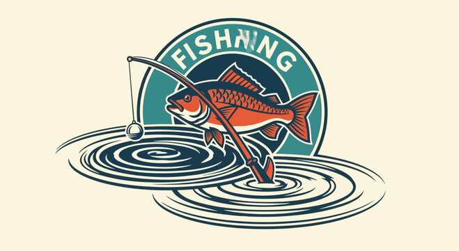 A vintage style graphic illustration of a fish and fishing rod