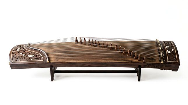 Traditional Chinese Guzheng String Instrument Isolated on a Plain White Background
