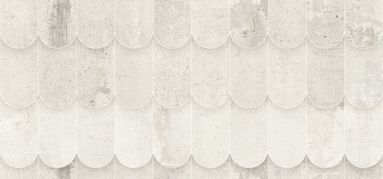 White stone fish scale tiles, light marble mosaic texture, elegant scalloped wall pattern, minimalist architectural surface for interior design