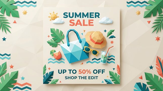 Summer sale promotion banner with low poly beach accessories