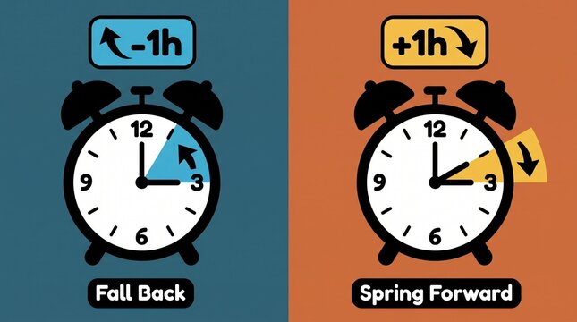 Daylight saving time concept with clocks for fall back with seasonal time change alarm clocks labels depicts two alarm time adjustment spring forward clock change time zone