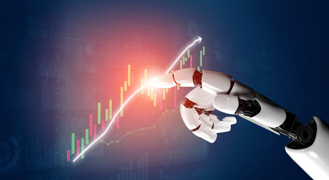 A futuristic robotic hand reaching towards financial graphs symbolizes the integration of technology and finance, highlighting investment potential and growth. Impute