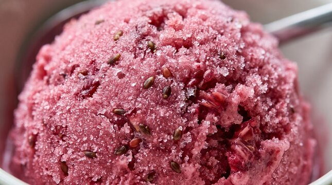 Extreme close up macro photography of a scoop of fresh raspberry sorbet ice cream showing frozen fruit texture and icy crystals