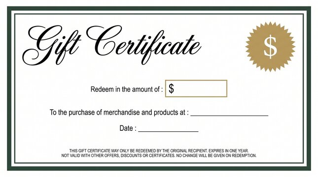 Generic gift certificate template with dollar sign with template white background background green border discount shopping commerce business document voucher finance with economy