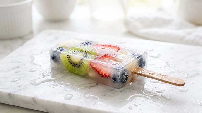 Delicious Frozen Fruit Popsicle Featuring Fresh Slices of Kiwi Strawberry and Blueberries Served on a Bright White Marble Slab